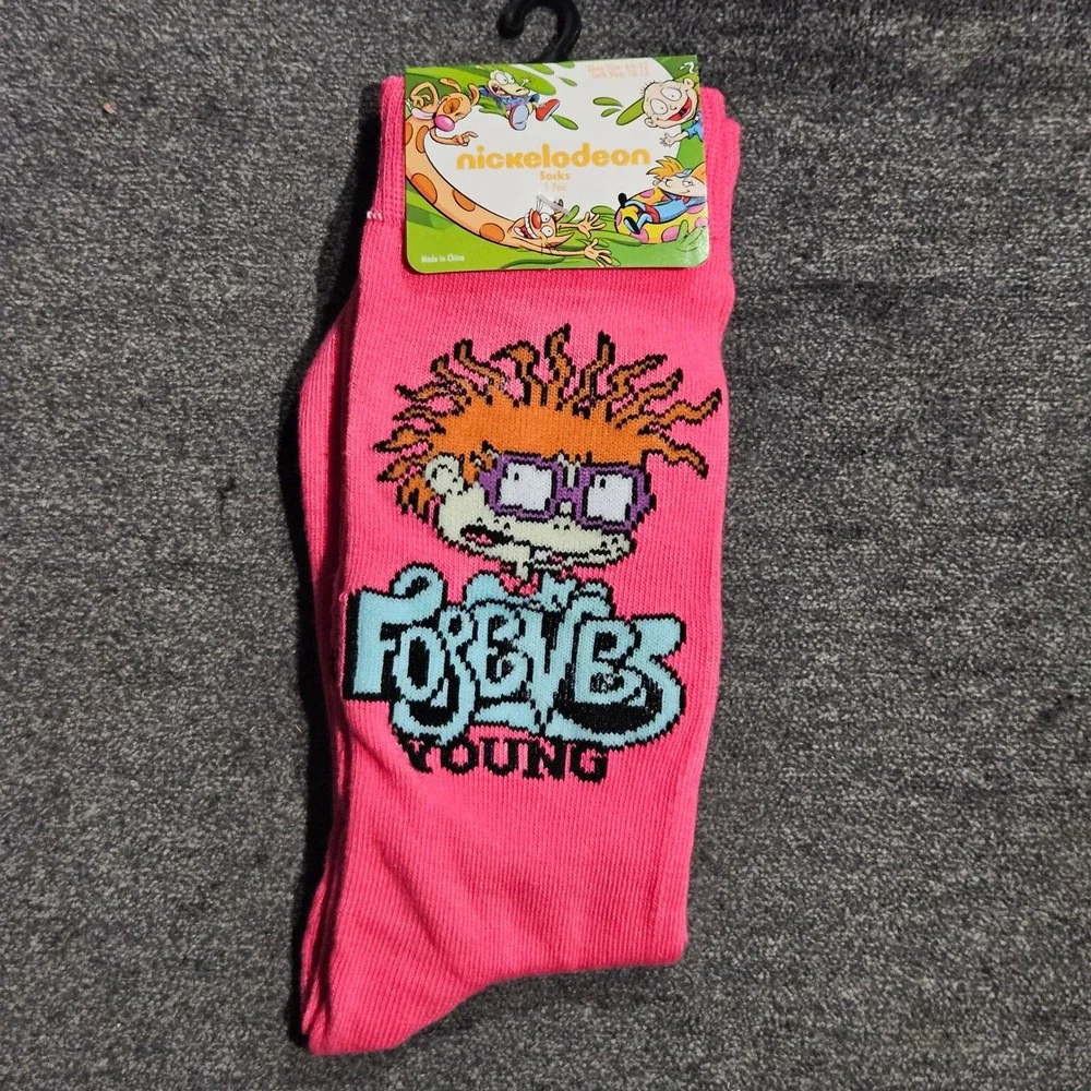 Nickelodeon Rugrats Chuckie Finster Forever Young Pink Crew Socks Size 10-13 NEW